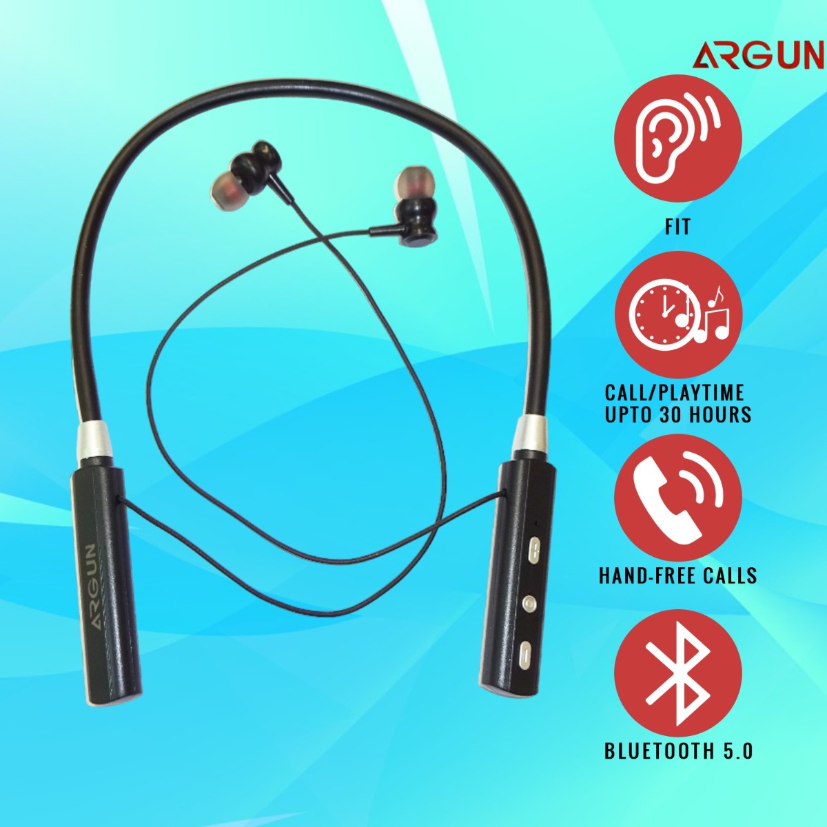 ARGUN ARG BT-111 Black Wireless Bluetooth Neckband with Mic 30 Hours Playtime Bluetooth Headset (Black, In the Ear)