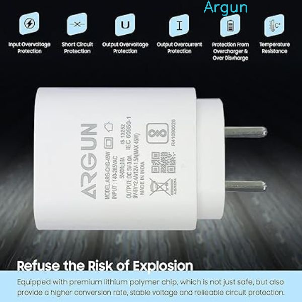 ARGUN 45 W Supercharge 3 A Mobile Charger with Detachable Cable (White, Cable Included)