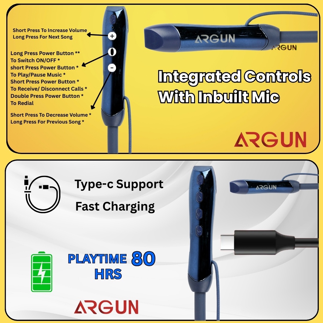 ARGUN 80 Hours Playtime Bluetooth Wireless Neckband Headphones with Comfortable Fit Bluetooth (Blue, In the Ear)