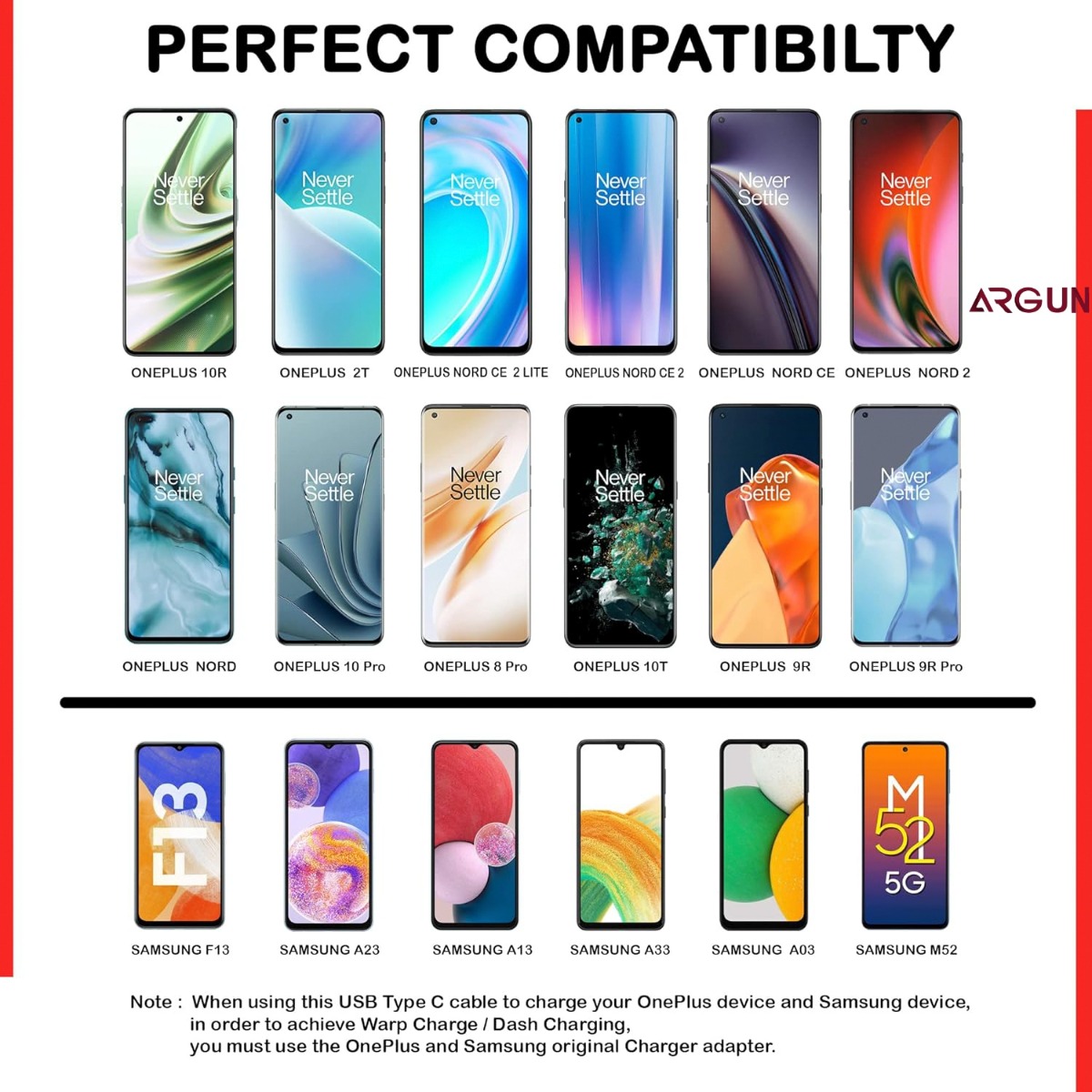 ARGUN USB Type C Cable 1 m Copper AG -CAB-USB WARP/DASH/DASH/SUPERVOOC/SUPERDART CHARGER (Compatible with oppo,realme,narzo,oneplus,vivo,iqoo,samsung,motorola,mi,redmi,poco, Red, One Cable)