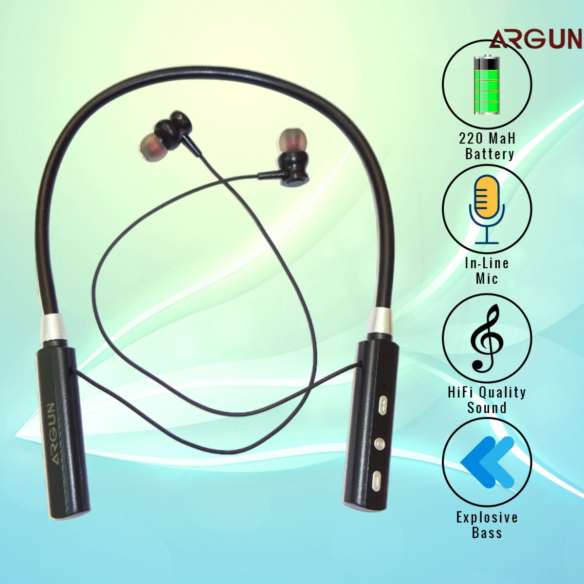 ARGUN ARG BT-111 Black Wireless Bluetooth Neckband with Mic 30 Hours Playtime Bluetooth Headset (Black, In the Ear)