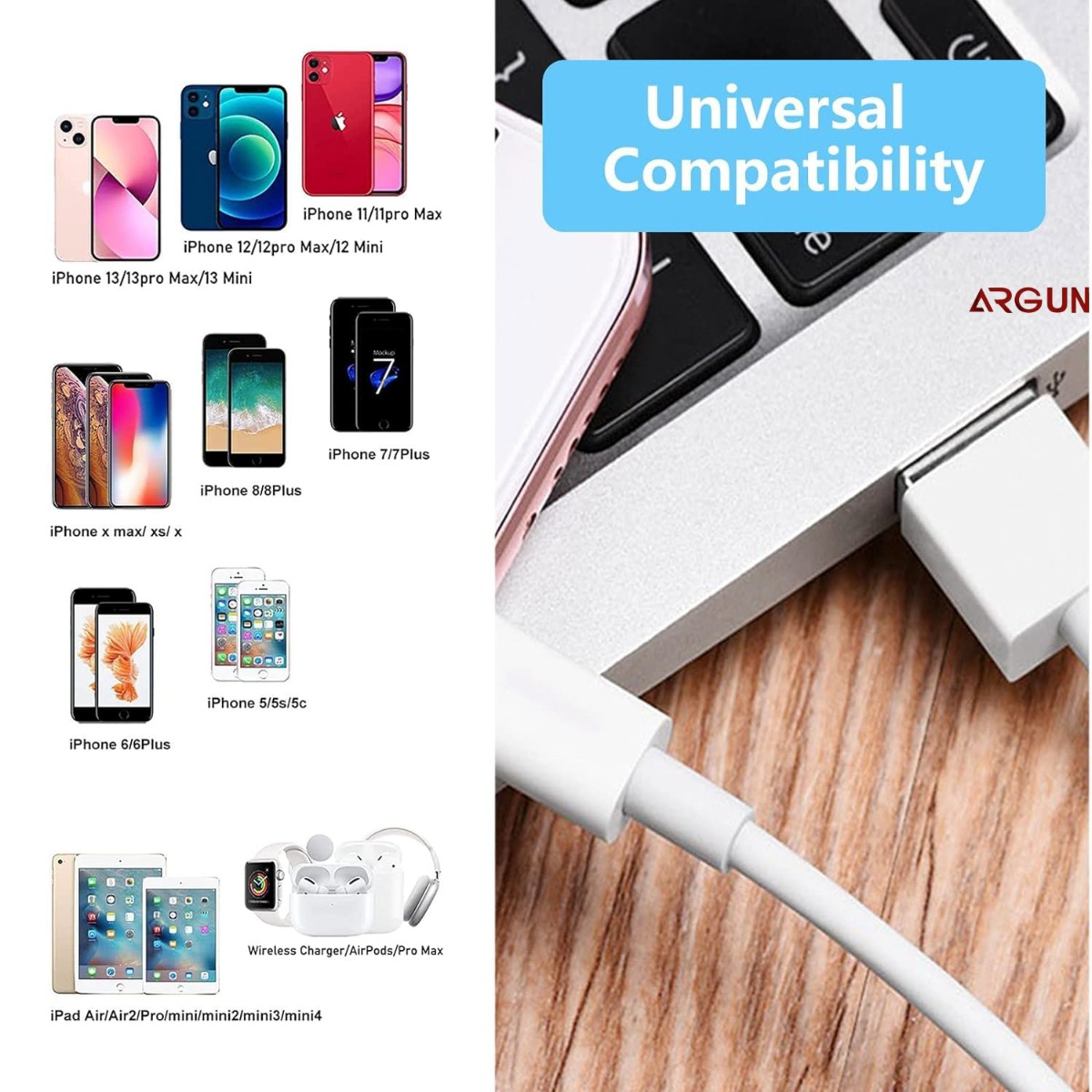 ARGUN Lightning Cable 3.4 A 1 m Copper ARG-NIC-3.4A (Compatible with iPhone 14, iPhone 13, Iphone 12, 12 Pro, 11, X, Xs, 8, Airpods Pro, White, One Cable)
