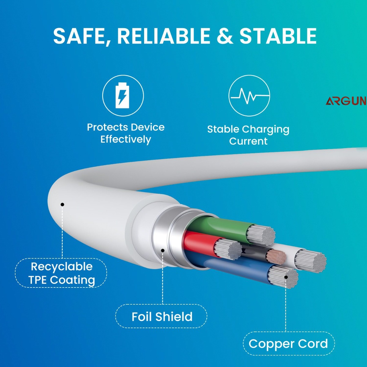 ARGUN Lightning Cable 3.4 A 1 m Copper ARG-NIC-3.4A (Compatible with iPhone 14, iPhone 13, Iphone 12, 12 Pro, 11, X, Xs, 8, Airpods Pro, White, One Cable)