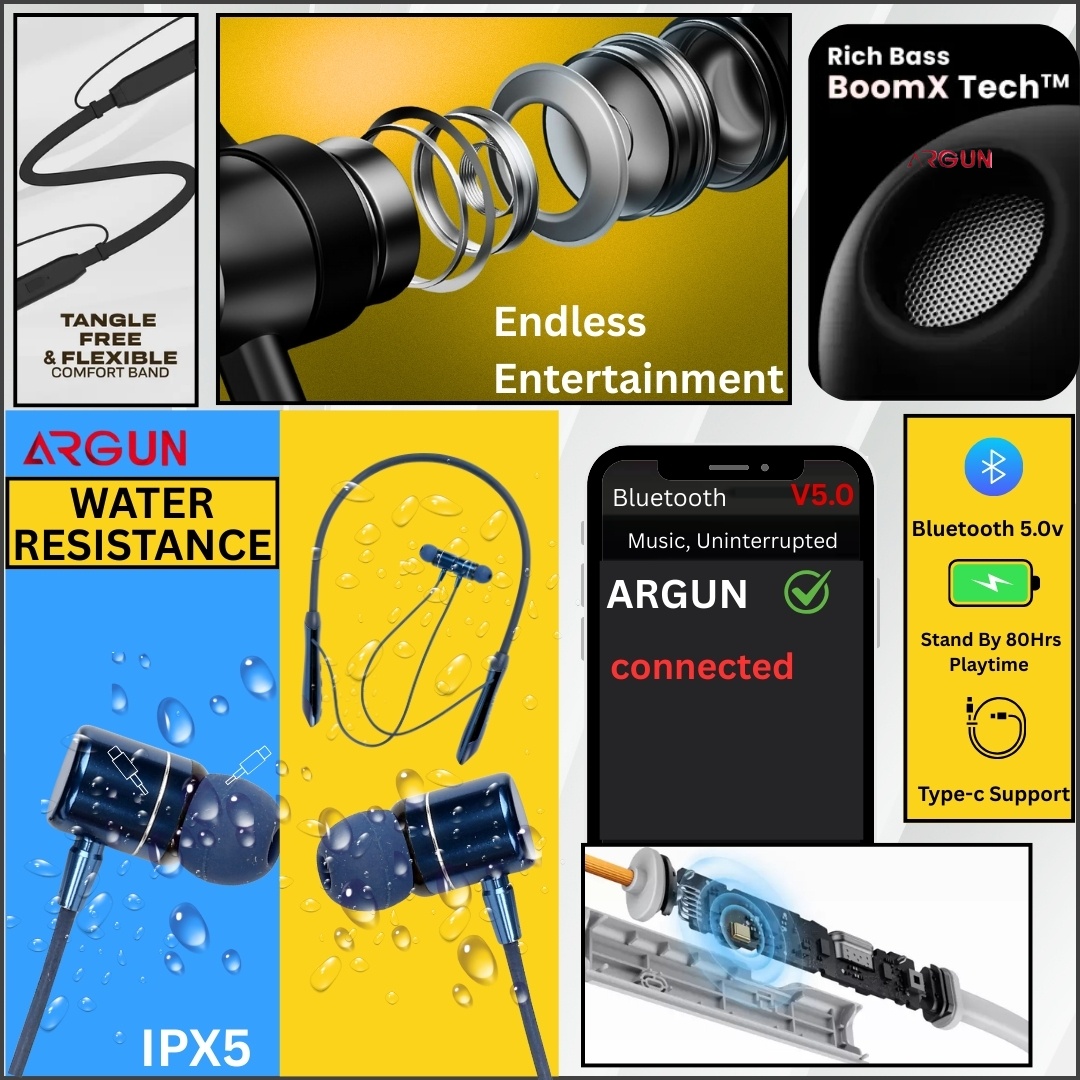 ARGUN 80 Hours Playtime Bluetooth Wireless Neckband Headphones with Comfortable Fit Bluetooth (Blue, In the Ear)