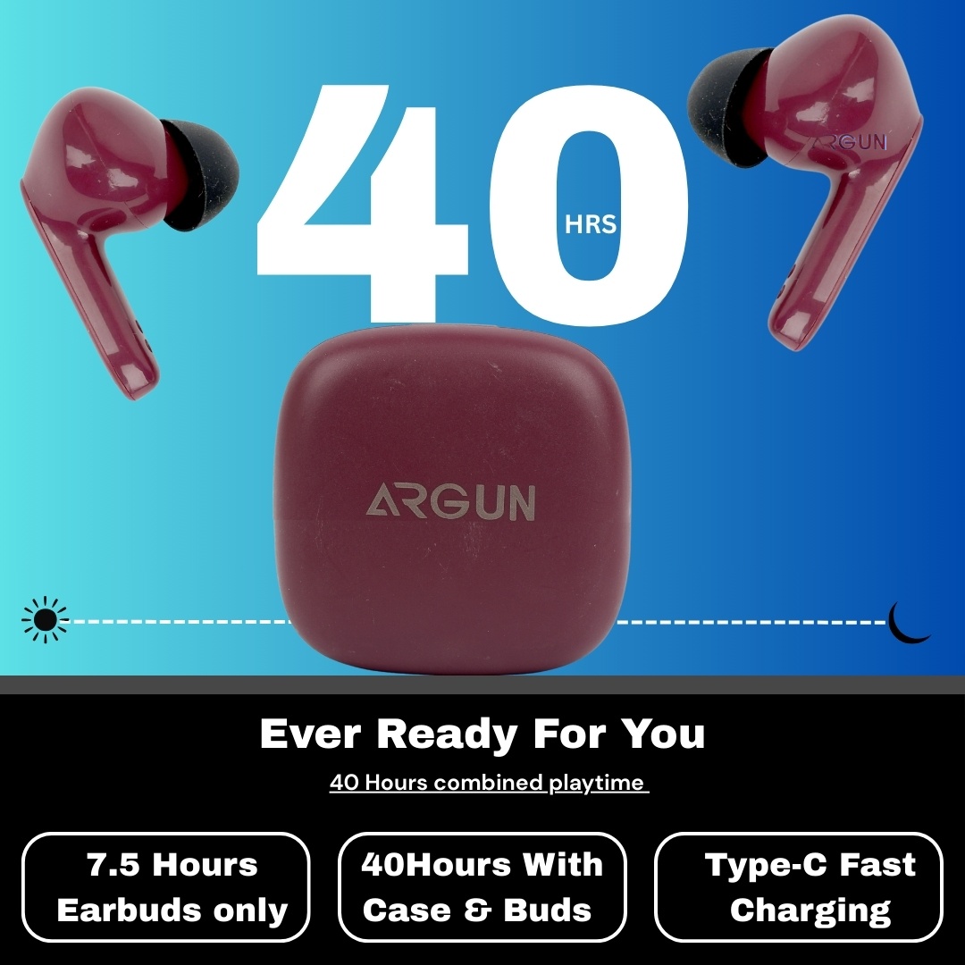 ARGUN Dual Bluetooth Earbuds for Gaming and Music with 40H Playtime and Connectivity Bluetooth (Wine Red, True Wireless)
