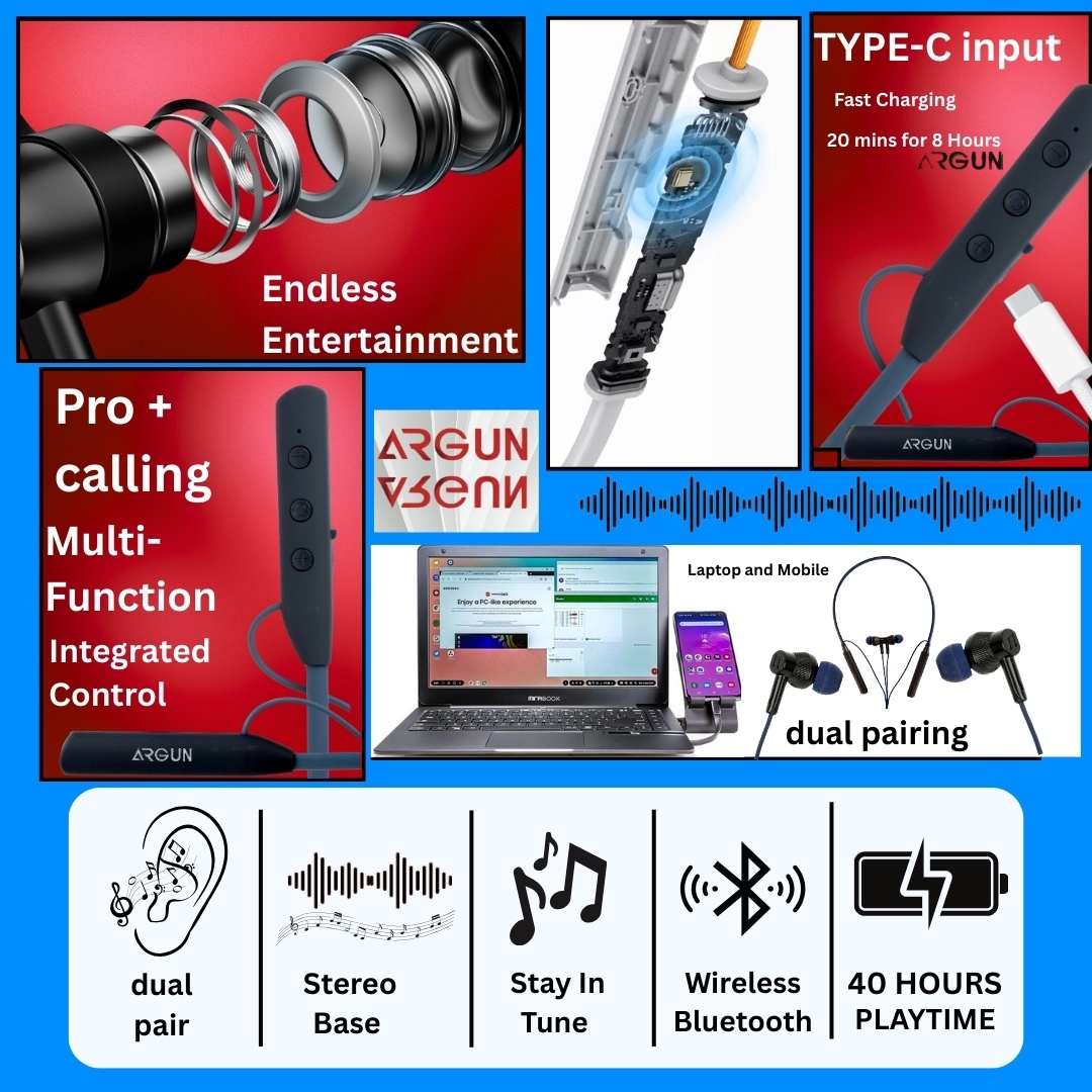 ARGUN Bluetooth 5.0 Wireless Neckband with 30Hrs Playtime & Magnetic In-Ear Buds Bluetooth (Blue, In the Ear)